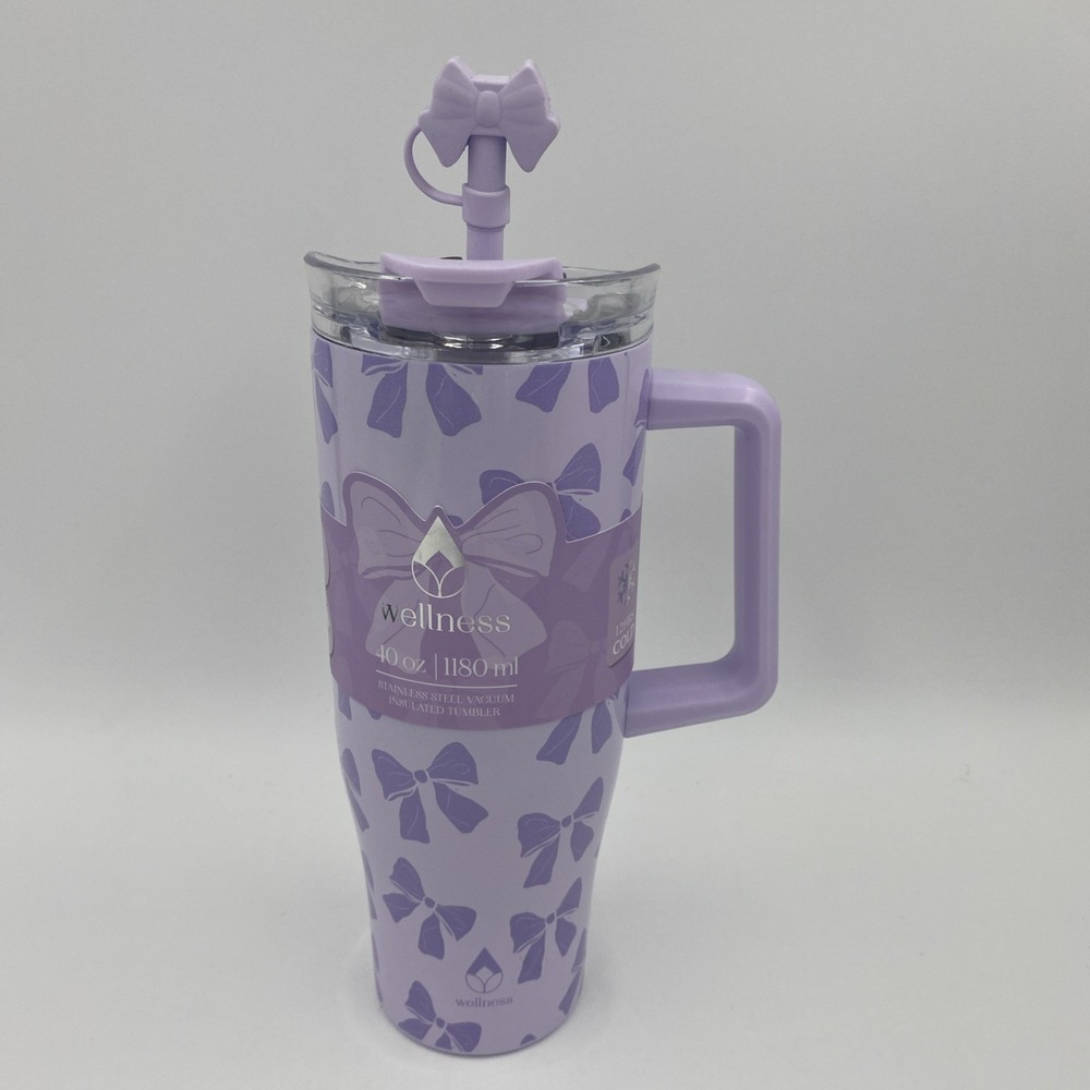 Purple Lilac Bows Wellness Stainless Steel Insulated Tumbler W/Handle & Straw 40